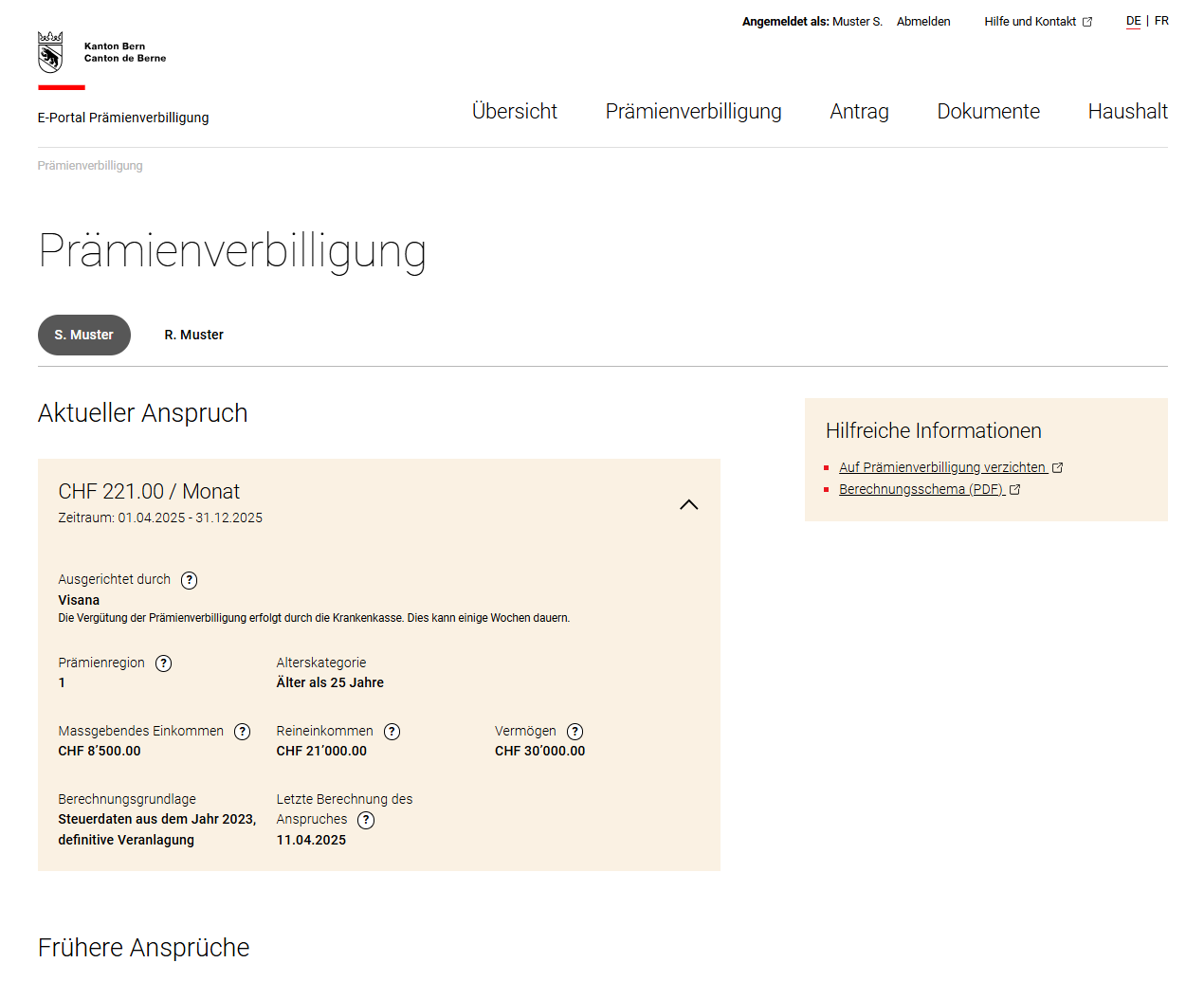 Anzeige der aktuellen Prämienverbilligung
